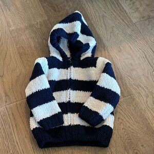 Cozy Blue and White Striped Hooded Sweatshirt with Fuzzy Texture